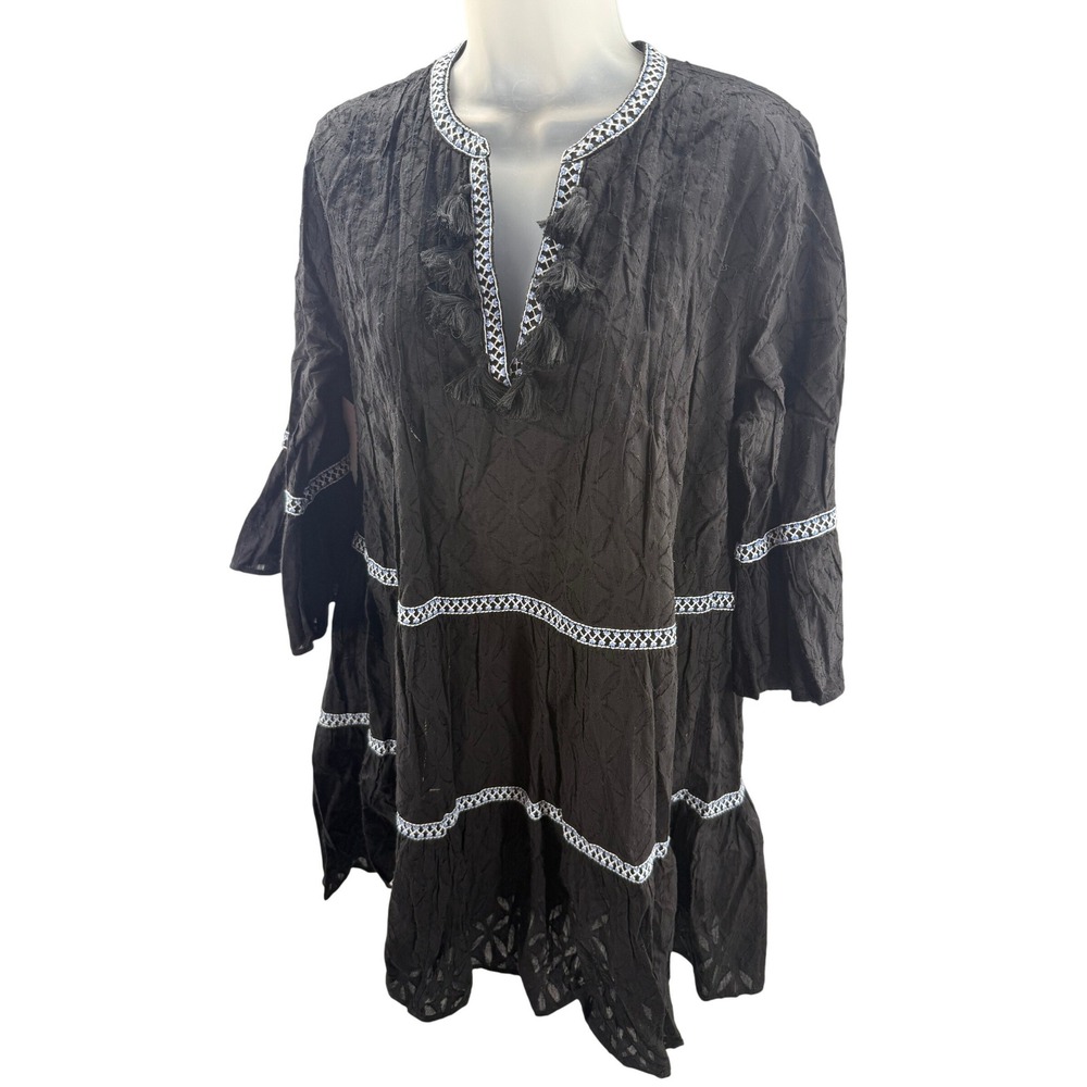 Tommy Bahama Womens Black Embroidered Tassel Tunic Dress Size Medium NEW